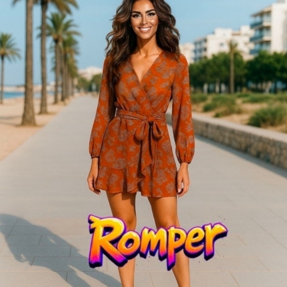 Orange Floral Wrap Romper ( Looks Like Short Skirt That Is Really Shorts) - Picture 1 of 3
